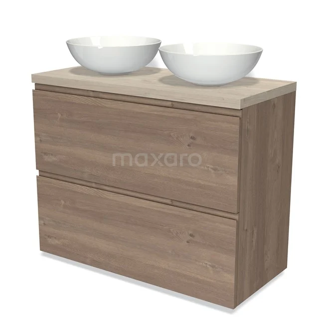 Modulo Plato Vanity units for countertop basin | 100 cm Mid brown oak Handle-less front Light grey oak worktop 2 stacked drawers under each other BMK13-00960