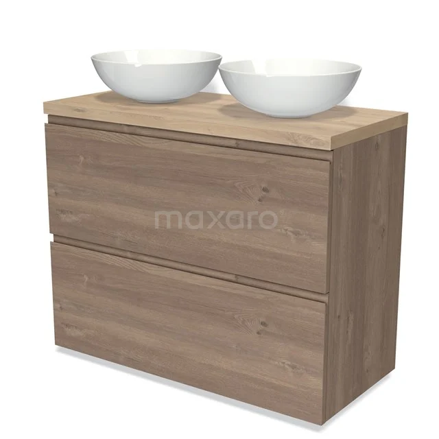 Badmöbel für Aufsatzwaschbecken 100cm Modulo Plato mittelbraune Eiche 2 hohe Schubladen grifflose Platte aus hellbrauner Eiche BMK13-00961 Badezimmermöbel Holzoptik mit zwei weißen Aufsatzbecken, modernes Design, geeignet für Doppelwaschbeckenanordnungen.