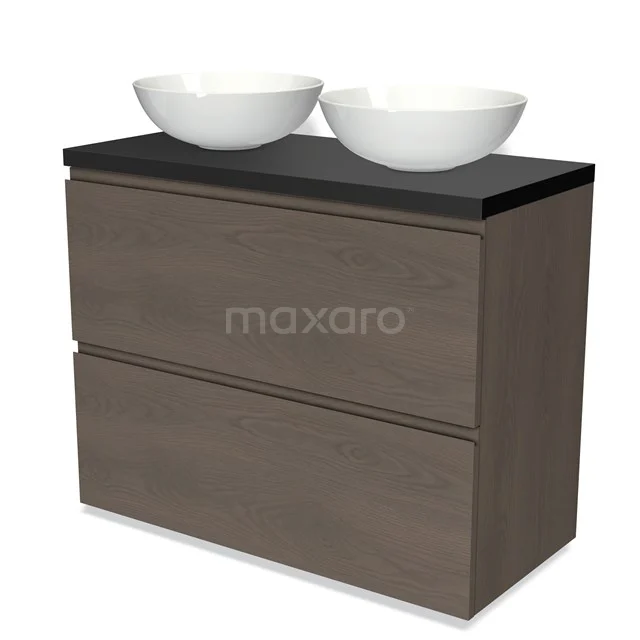 Holz Badezimmermöbel mit dunkler Platte, Doppelwaschbecken in Keramik und schickem Design. Perfekt für moderne Bäder.