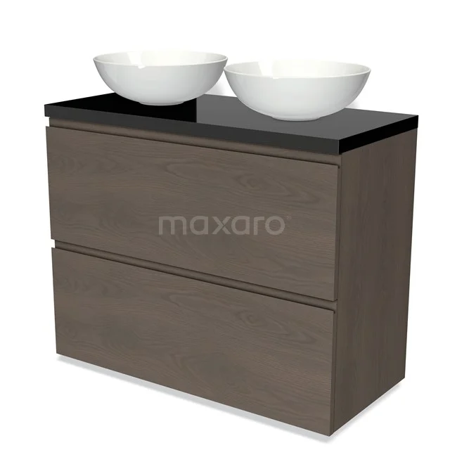 Modulo Plato Badmöbel mit Aufsatzwaschbecken | 100 cm Dunkelbraune Eiche Grifflos front Hochglanz Schwarz blatt 2 hohe Schubladen übereinanderliegend BMK13-00972 Holz Badezimmermöbel mit dunkler Platte und zwei weißen Aufsatz Waschbecken, modernes Design mit zwei geräumigen Schubladen.