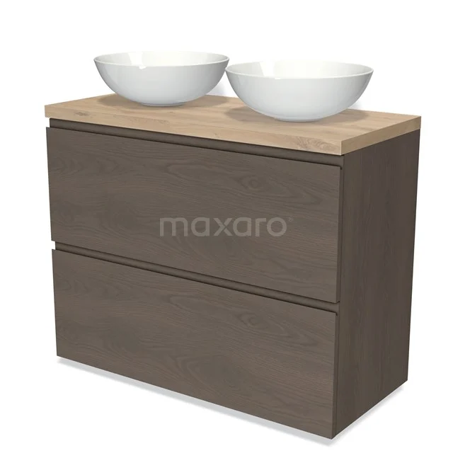 Modulo Plato Vanity units for countertop basin | 100 cm Dark brown oak Handle-less front Light brown oak worktop 2 stacked drawers under each other BMK13-00975