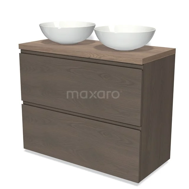 Moderne Holz Badmöbel mit zwei weißen Aufsatzwaschbecken, elegantes Design, ideal für eine stilvolle Badezimmer Einrichtung.