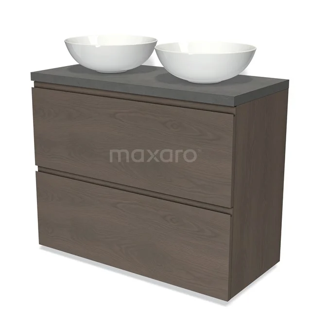 Dunkles Eichen-Badezimmermöbel mit grauer Platte und zwei weißen Aufsatzwaschbecken, schickes Design ideal für moderne Bäder.