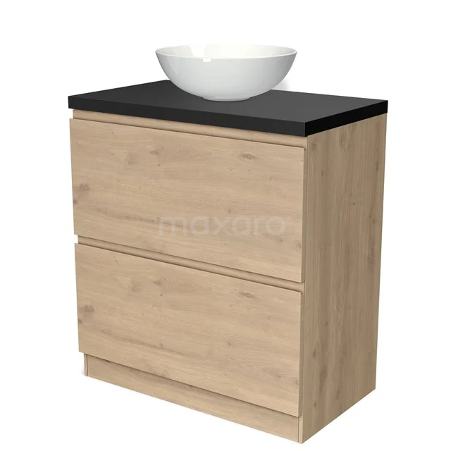 Houten badkamermeubel met zwarte wastafelblad en ronde witte waskom, compact ontwerp met twee ruime lades.