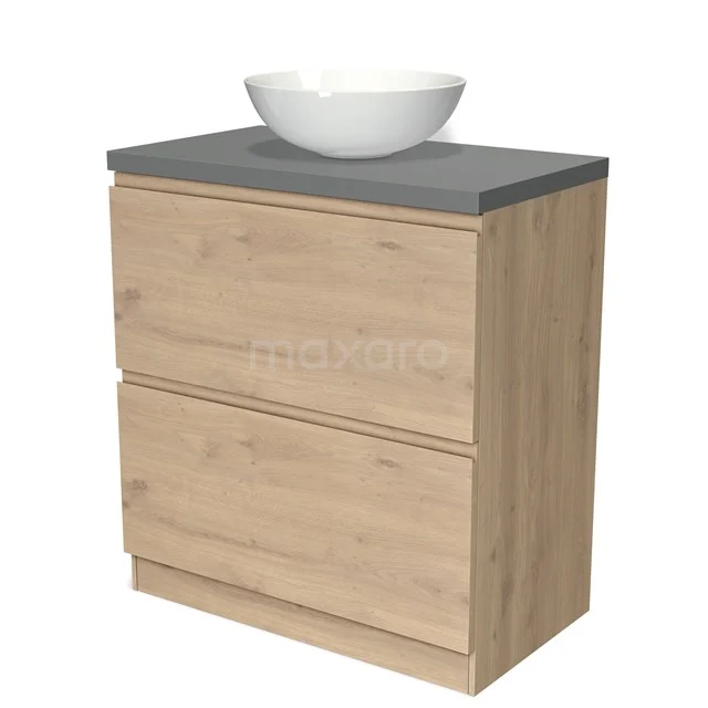 Holz Badezimmermöbel mit zwei Schubladen, Grau Platte und weißem Aufsatzwaschbecken; modernes Design für stilvolle Badezimmergestaltung.