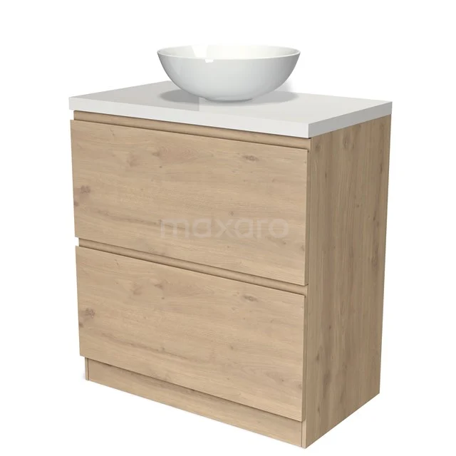 Badezimmermöbel Holzoptik mit weißem Aufsatzwaschbecken, 2 Schubladen und kompaktem Design, ideal für ein modernes Badezimmer.