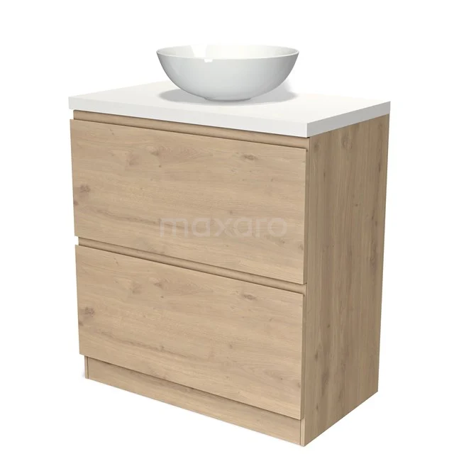 Houten badkamermeubel met twee laden, een witte wastafel en strak design; perfect voor een moderne badkamer inrichting.