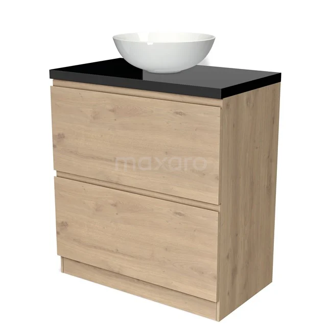 Licht Eiche Badmöbel mit schwarzer Platte und weißem Aufsatzwaschbecken, kompaktes und modernes Design für ein stilvolles Badezimmer.