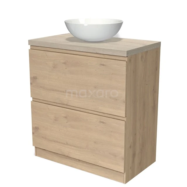 Houten badkamermeubel met beige wastafel, twee lades en strak design; ideaal voor een moderne badkamer inrichting.