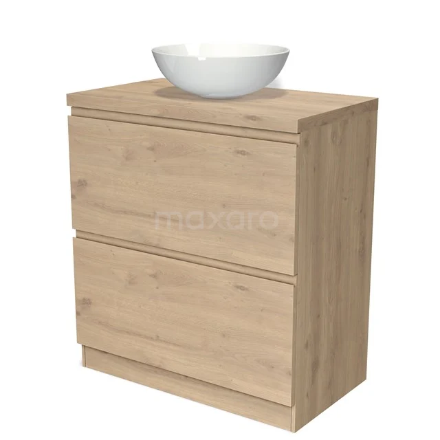 Modulo Plato Badmöbel mit Aufsatzwaschbecken | 80 cm Hellbraune Eiche Grifflos front Hellbraune Eiche blatt 2 hohe Schubladen übereinanderliegend BMK13S-00233 Holz Badezimmermöbel mit heller Eiche Oberflächenbehandlung und weißem keramischen Aufsatzwaschbecken, perfekt für moderne Badezimmergestaltungen.