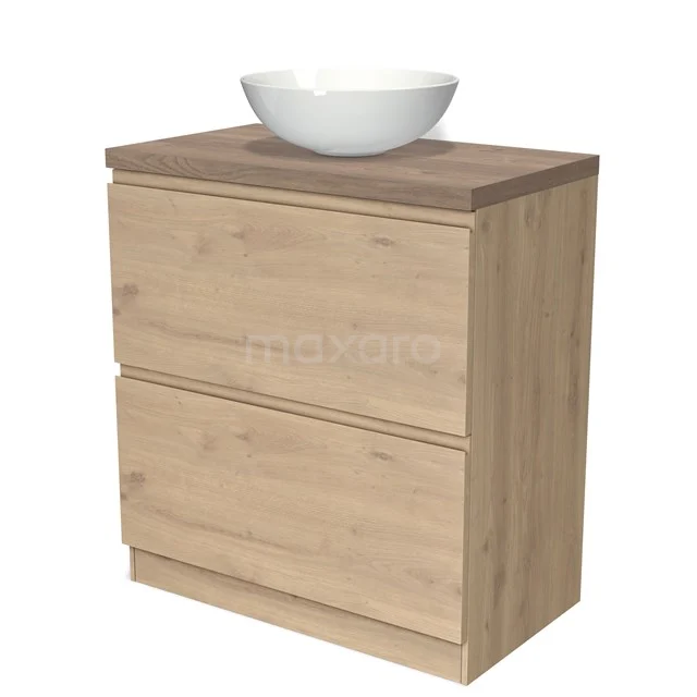 Holz Badezimmermöbel mit Aufsatzwaschbecken, hell Eiche, 2 Schubladen, modernes Erscheinungsbild, ideal für kompakte Bäder.