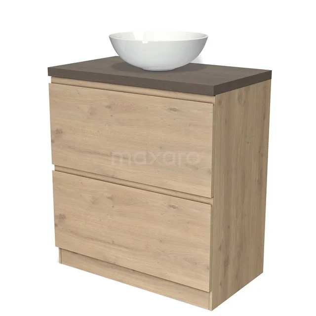 Houten badkamermeubel met waskom, naturel eiken look, twee lades en donkergrijs blad; modern design voor een strakke badkamer.