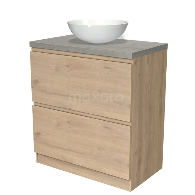 Houten badkamermeubel met twee lades, grijs betonnen blad en ovalen wastafel, ideaal voor moderne badkamerinrichting.