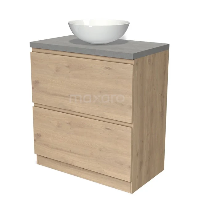 Holz-Badmöbel mit zwei Schubladen, Beton-Grau Platte und weißem Aufsatzwaschbecken; modernes Design für stilvolle Bäder.