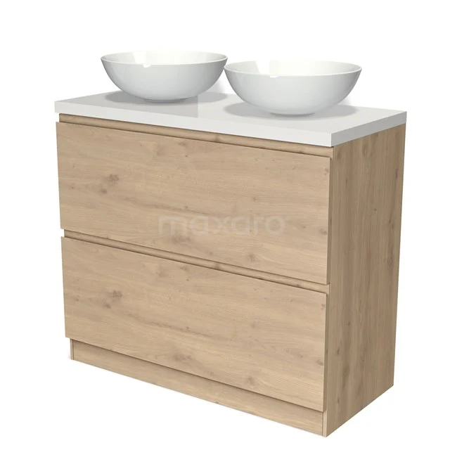 Badmöbel für Waschtischunterschrank 100cm Modulo Plato Hellbraune Eiche 2 hohe Schubladen stehende Schubladen grifflose Hochglanz Weiß Platte BMK13S-00241 Holz Badezimmermöbel mit zwei weißen schalenförmigen Waschbecken, modernes Design und einer Natur Eiche Oberfläche.