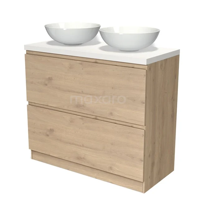 Holz Badezimmermöbel mit zwei weißen Aufsatzwaschbecken, modernes Design in heller Eiche Optik, perfekt für ein stilvolles Badezimmer.