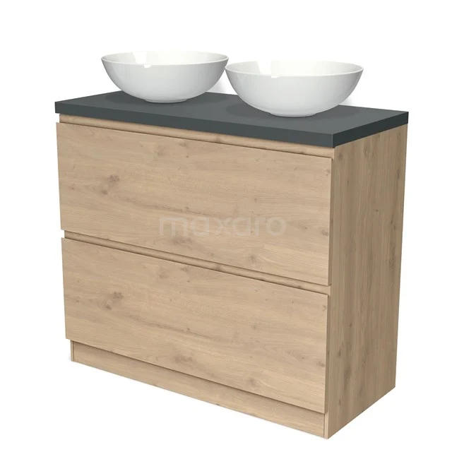 Hölzernes Waschtisch mit zwei weißen runden Aufsatzwaschbecken und einer Dunkelgrau Platte, ideal für eine moderne Badezimmer Einrichtung.