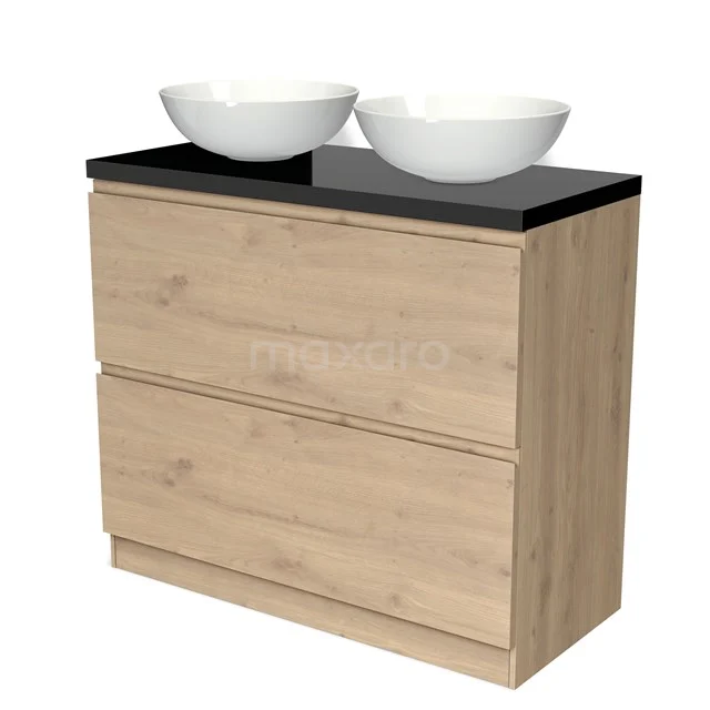 Holz-Badmöbel mit schwarzer Platte und doppeltem weißen Aufsatzwaschbecken, modernes Design für stilvolle Badezimmergestaltung.