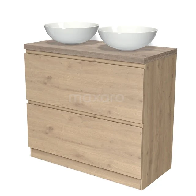 Modulo Plato Vanity units for countertop basin | 100 cm Light brown oak Handle-less front Oak worktop 2 high drawers standing drawers under each other BMK13S-00245
