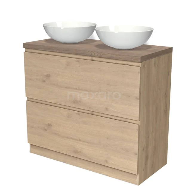 Holz Badezimmermöbel mit zwei Schubladen und doppelten weißen Aufsatzwaschbecken, ideal für einen modernen und natürlichen Stil.