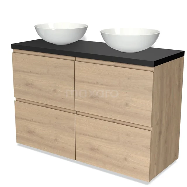 Hölzernes Badezimmermöbel mit schwarzer Platte, doppelten Aufsatzwaschbecken und vier Schubladen. Modernes Design, perfekt für ein stilvolles Badezimmer.
