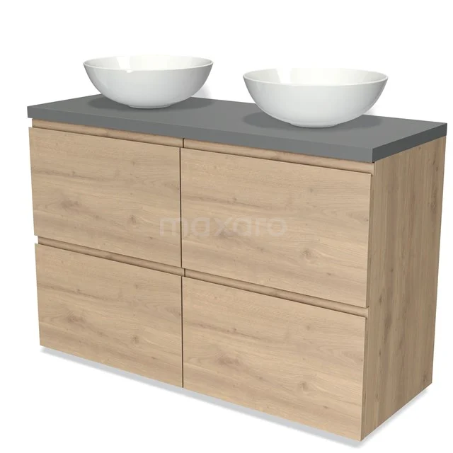 Hölzernes Badezimmermöbel mit vier Schubladen, grauer Platte und zwei weißen Aufsatzwaschbecken; modernes Design für stimmungsvolle Bäder.