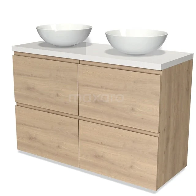 Holz Badezimmermöbel mit doppelten weißen Aufsatzwaschbecken, skandinavischem Design und Softclose Schubladen für ein modernes Badezimmer.