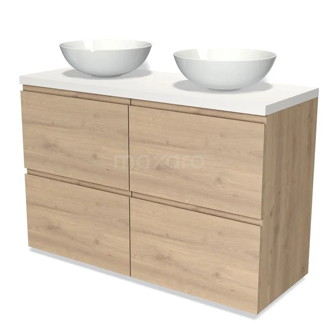 Holz Badezimmermöbel mit zwei weißen Aufsatzwaschbecken, modernes Designschrank mit vier Schubladen für stilvolle und praktische Badezimmerlagerung.