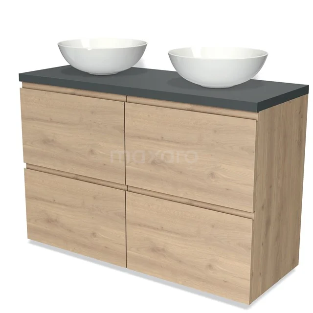 Badmöbel für Aufsatzwaschbecken 120cm Modulo Plato Hellbraune Eiche 4 hohe Schubladen Grifflose Dunkelgraue Platte BMK14-00677 Holz-Badmöbel mit vier Schubladen, anthrazit Platte und zwei runden weißen Aufsatzwaschbecken für einen modernen Stil.