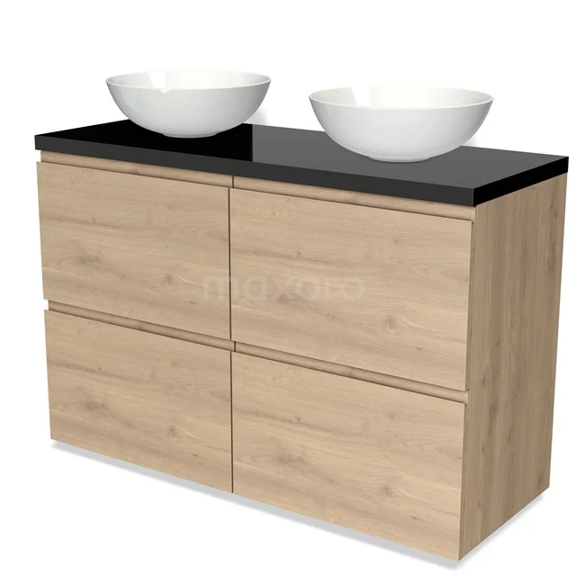 Holz Badezimmermöbel mit vier Schubladen, schwarzer Platte und zwei keramischen Aufsatzwaschbecken; elegantes Design für moderne Bäder.
