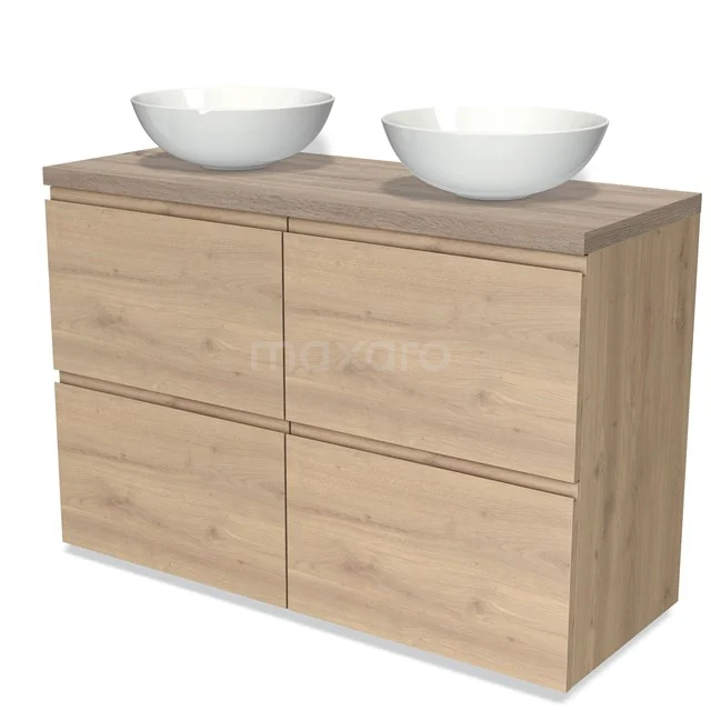 Holz-Badmöbel mit doppelten weißen Aufsatzwaschbecken, moderne Ausstrahlung, ideal für stilvolle Badezimmergestaltung.