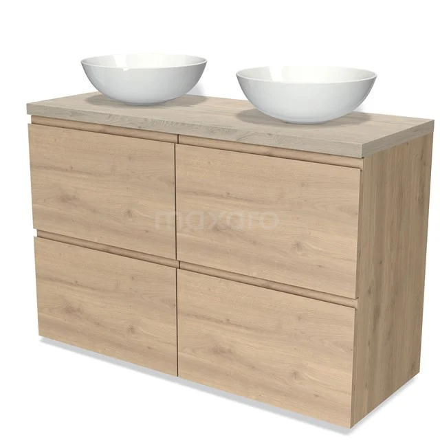 Wooden bathroom unit with double countertop wash basin, modern oak finish and soft-close drawers for stylish bathroom furnishing.
