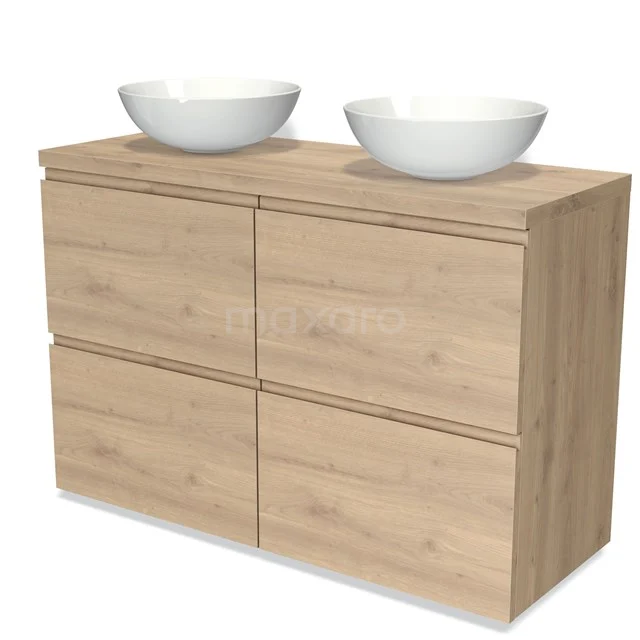 Wooden bathroom unit with double white countertop wash basin, modern style, four drawers and durable oak look.