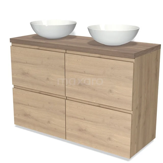 Holz Badezimmermöbel mit zwei weißen runden Aufsatzwaschbecken, elegantes Design und geräumigen Schubladen.