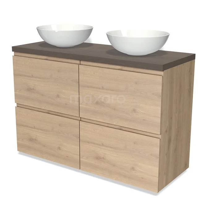 Modulo Plato Badmöbel mit Aufsatzwaschbecken | 120 cm Hellbraune Eiche Grifflos front Dunkelbraune Eiche blatt 4 hohe Schubladen BMK14-00683 Holz Badezimmermöbel mit vier Schubladen, dunkler Platte und doppelten weißen Aufsatzbecken. Modernes Design für stilvolle Bäder.