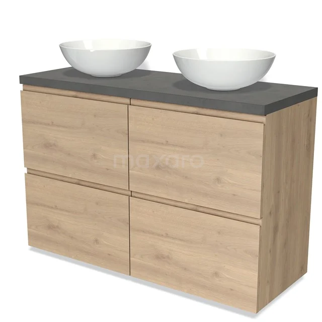 Modern oak bathroom unit with four drawers, matt grey top and two white ceramic countertop wash basins.
