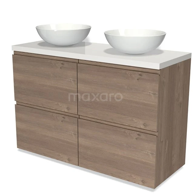 Badkamermeubel houtlook met dubbel wasbakontwerp, wit keramiek en vier lades voor praktische opbergruimte.