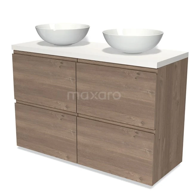 Holz Badezimmermöbel mit doppeltem Aufsatzwaschbecken, modernes Design, Eiche-Finish, geeignet für stilvolle und praktische Badezimmergestaltung.