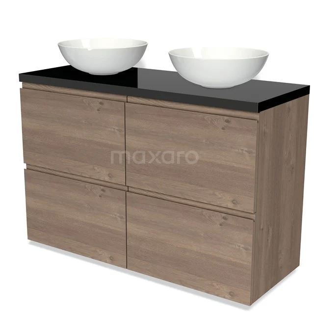Holz Badezimmermöbel mit Blacktop und zwei weißen Aufsatzwaschbecken, modernes Design mit 4 Schubladen für stilvolle Badezimmerlagerung.