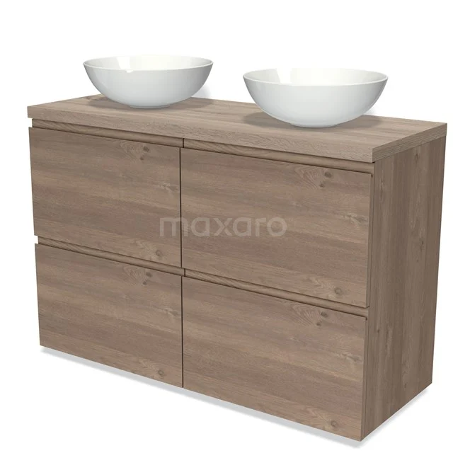 Houten badkamermeubel met 4 lades en 2 witte waskommen, moderne stijl, ideaal voor een stijlvolle badkamerinrichting.