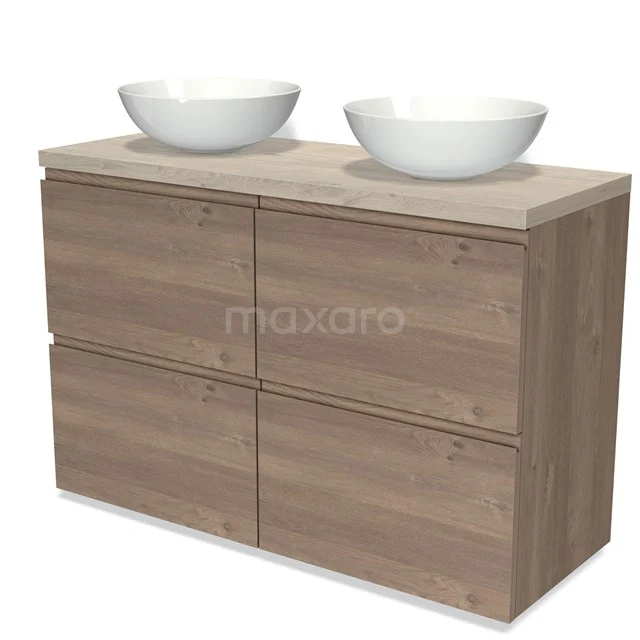 Modulo Plato Badmöbel mit Aufsatzwaschbecken | 120 cm Mittelbraune Eiche Grifflos front Hellgraue Eiche blatt 4 hohe Schubladen BMK14-00694 Holz Badezimmermöbel mit doppelten weißen Aufsatzwaschbecken, modernes Design, vier Schubladen, ideal für stilvolle Badezimmerlagerung.