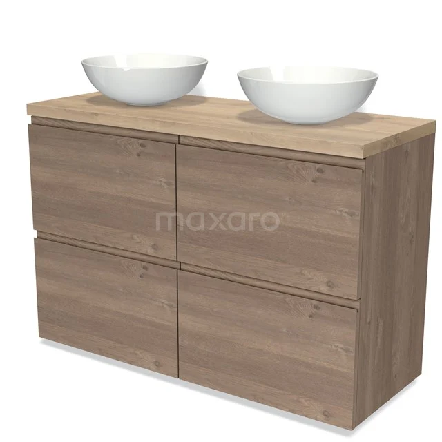 Houten badkamermeubel met twee witte waskommen, vier lades en een moderne afwerking, ideaal voor stijlvolle badkamerruimtes.