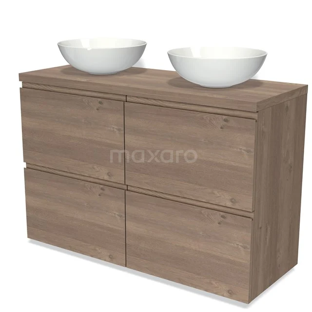 Houten badkamermeubel met dubbele wastafel, modern design, lichte houttint, ideaal voor stijlvolle badkameropstellingen.