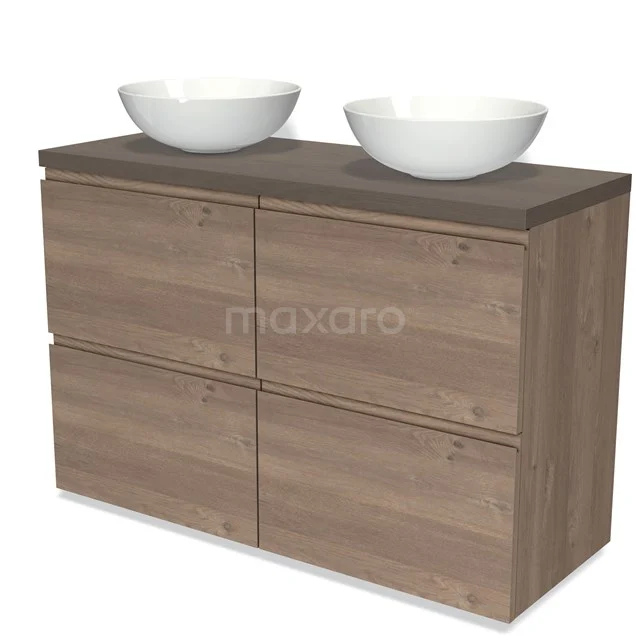 Modulo Plato Vanity units for countertop basin | 120 cm Mid brown oak Handle-less front Dark brown oak worktop 4 high drawers BMK14-00697