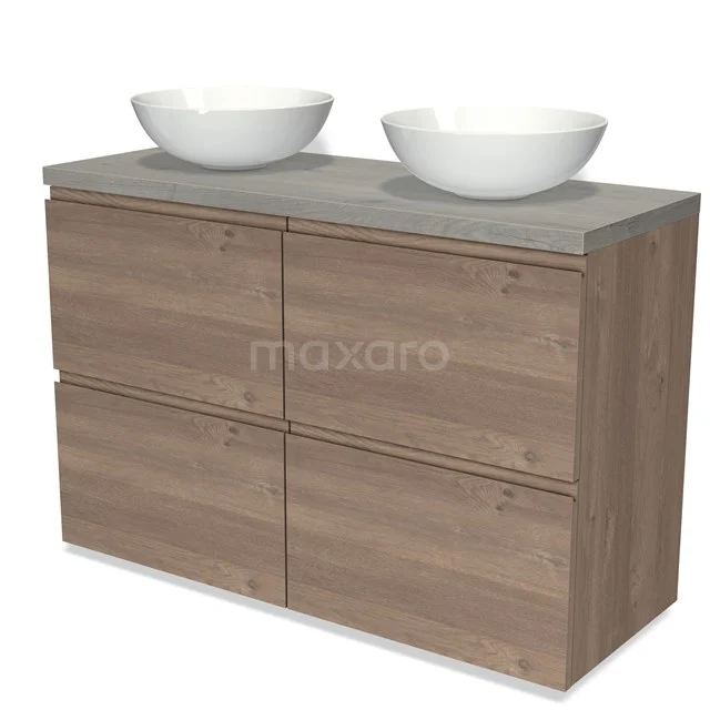 Hölzernes Badezimmermöbel mit Betongrau Platte, vier Schubladen und zwei weißen Aufsatzwaschbecken-Waschbecken, modernes und stilvolles Design.