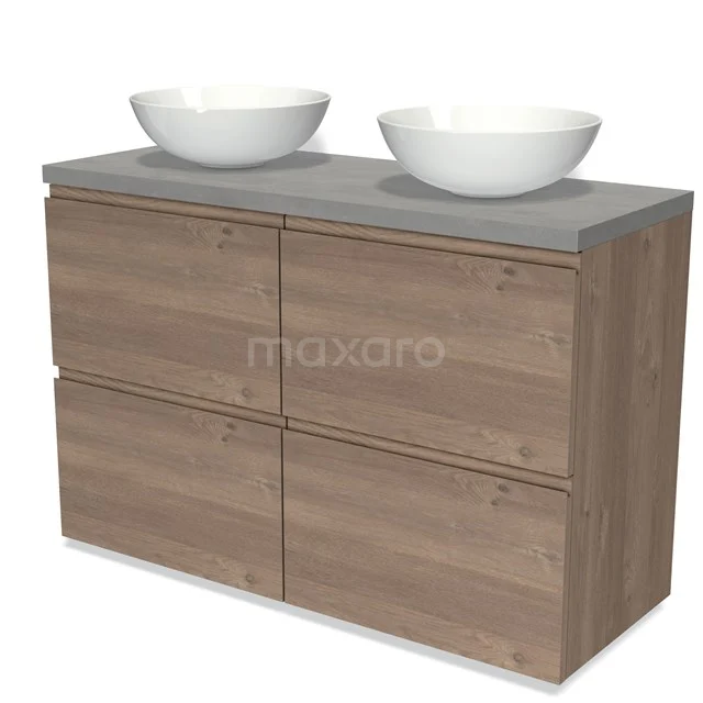 Houten badkamermeubel met betonlook blad en twee witte waskommen, modern design voor een stijlvolle badkamer.