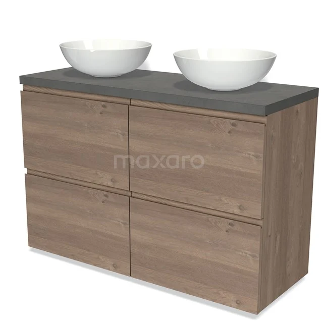 Houten badkamermeubel met dubbele wastafel van keramiek, moderne designlook en donkere steenachtige bovenblad.