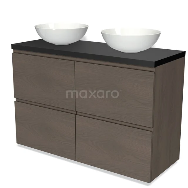 Badmöbel für Waschtischunterschrank 120cm Modulo Plato dunkelbraune Eiche 4 hohe Schubladen grifflos Matt Schwarz Platte BMK14-00701 Badmöbel mit doppeltem weißen Waschbecken, dunklem Holzschrank und schwarzer Platte, modernes Design für stilvolle Bäder.