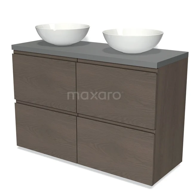 Holz Badezimmermöbel mit Doppelwaschbecken, dunkle Eiche, mit keramischen Schalen und einer schlichten grauen Platte.