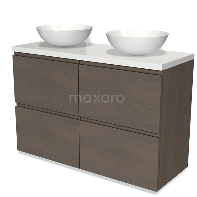 Badmöbel für Aufsatzwaschbecken 120cm Modulo Plato dunkelbraune Eiche 4 hohe Schubladen grifflos Hochglanz Weiß Platte BMK14-00703 Hölzernes Badezimmermöbel mit doppeltem weißen Waschbecken, modernes Design und Schubladenpaneelen, ideal für stilvolle Badezimmergestaltung.